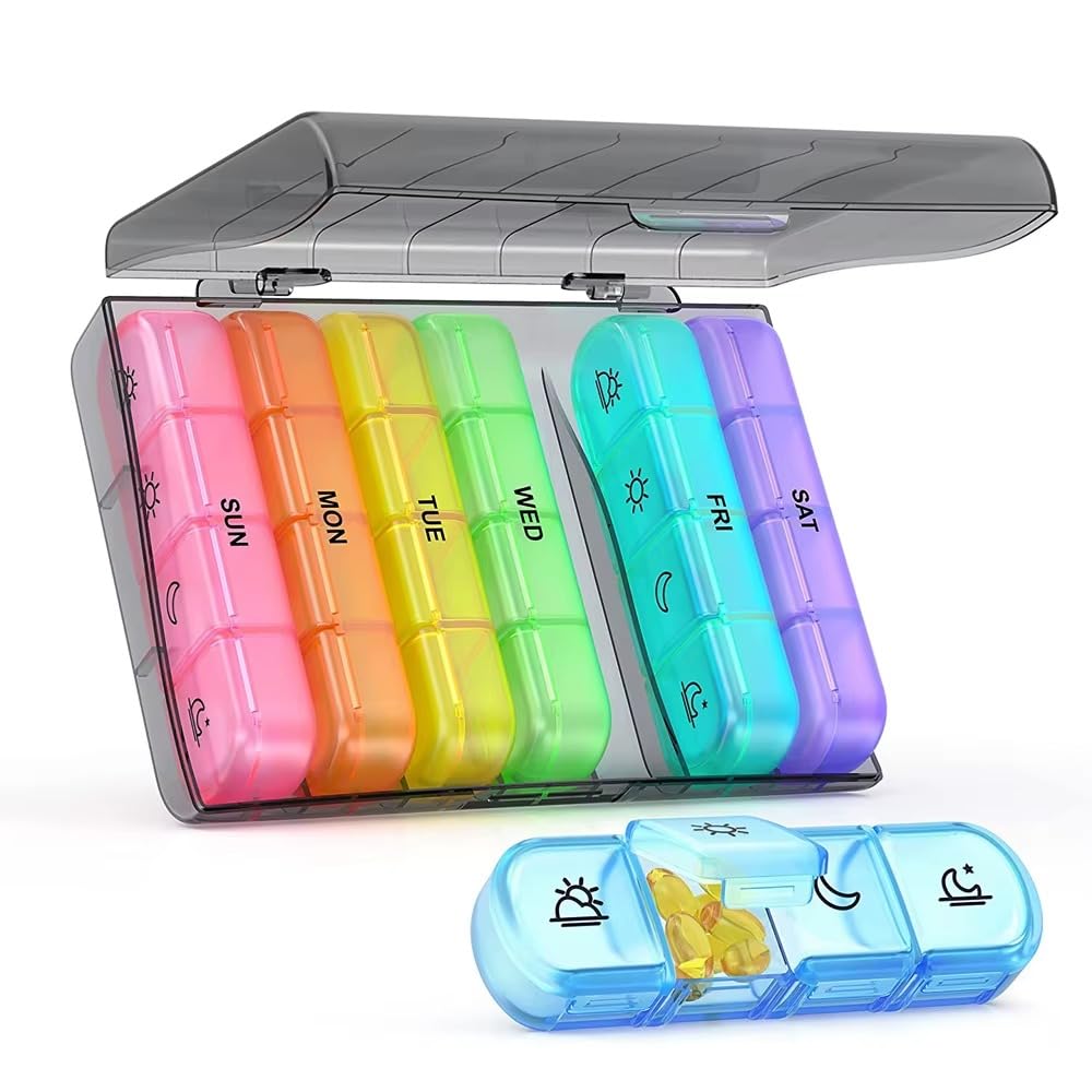 Weekly Pill Box 7 Day Organiser, Travel Medicine Storage Box and Daily Tablet Dispenser for Vitamins