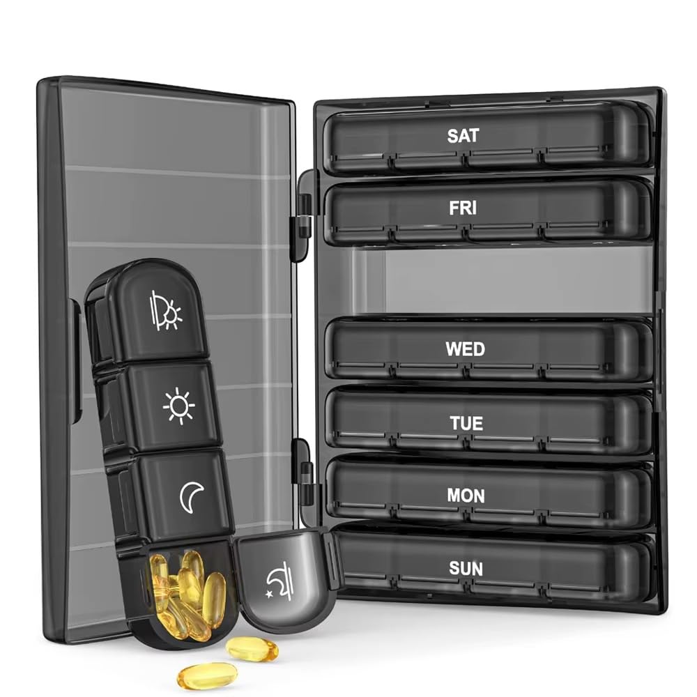 Weekly Pill Box 7 Day Organiser, Travel Medicine Storage Box and Daily Tablet Dispenser for Vitamins