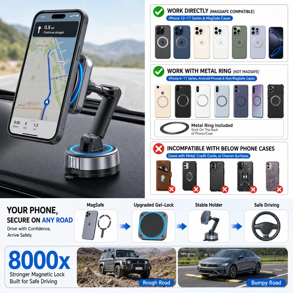 IBAADII MagSafe Car Phone Mount (360° Dual Pivot)
