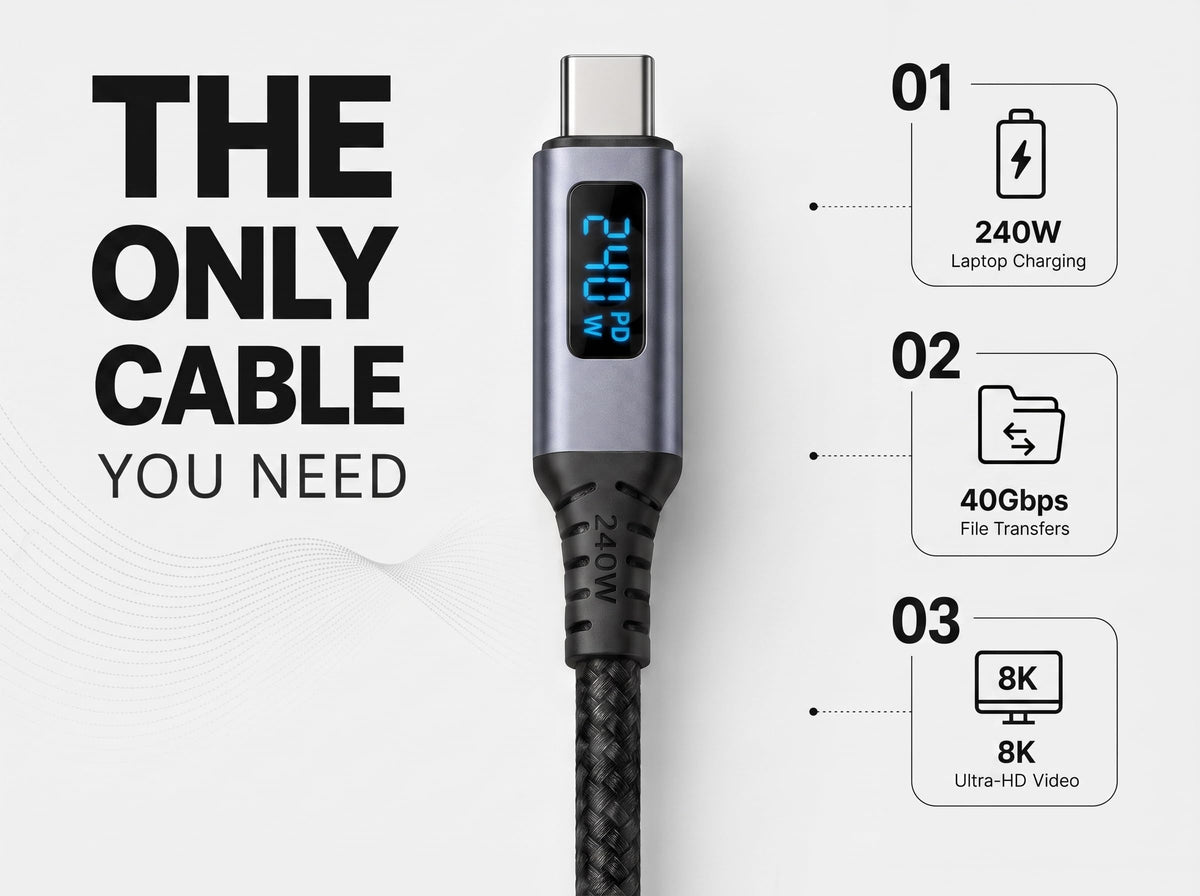 IBAADII 240W USB4 Cable with LED Display (1.5m)