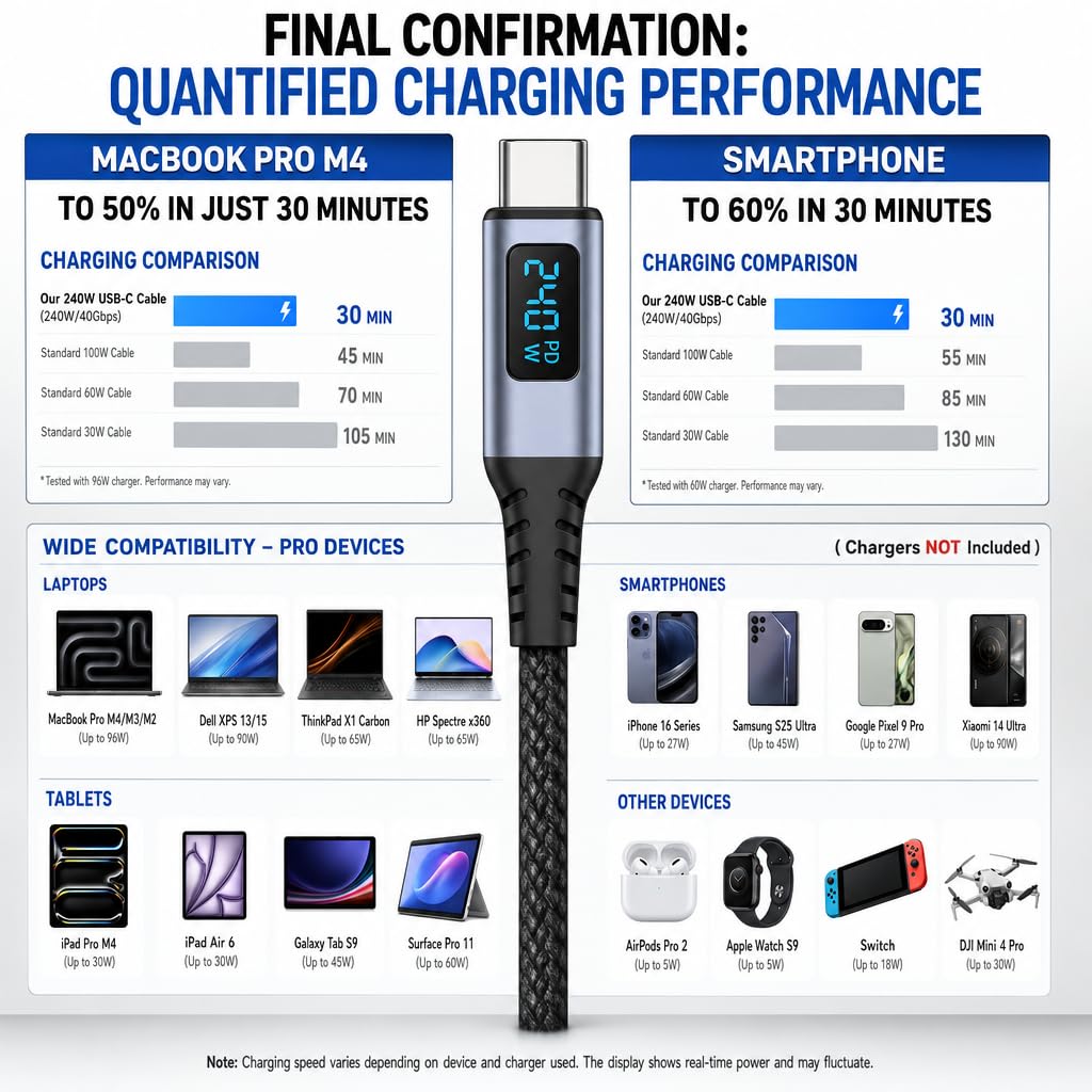 IBAADII 240W USB4 Cable with LED Display (1.5m)
