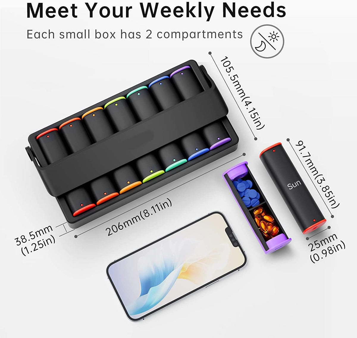 Weekly Pill Box 7 Day Organiser, Travel Medicine Storage Box and Daily Tablet Dispenser for Vitamins