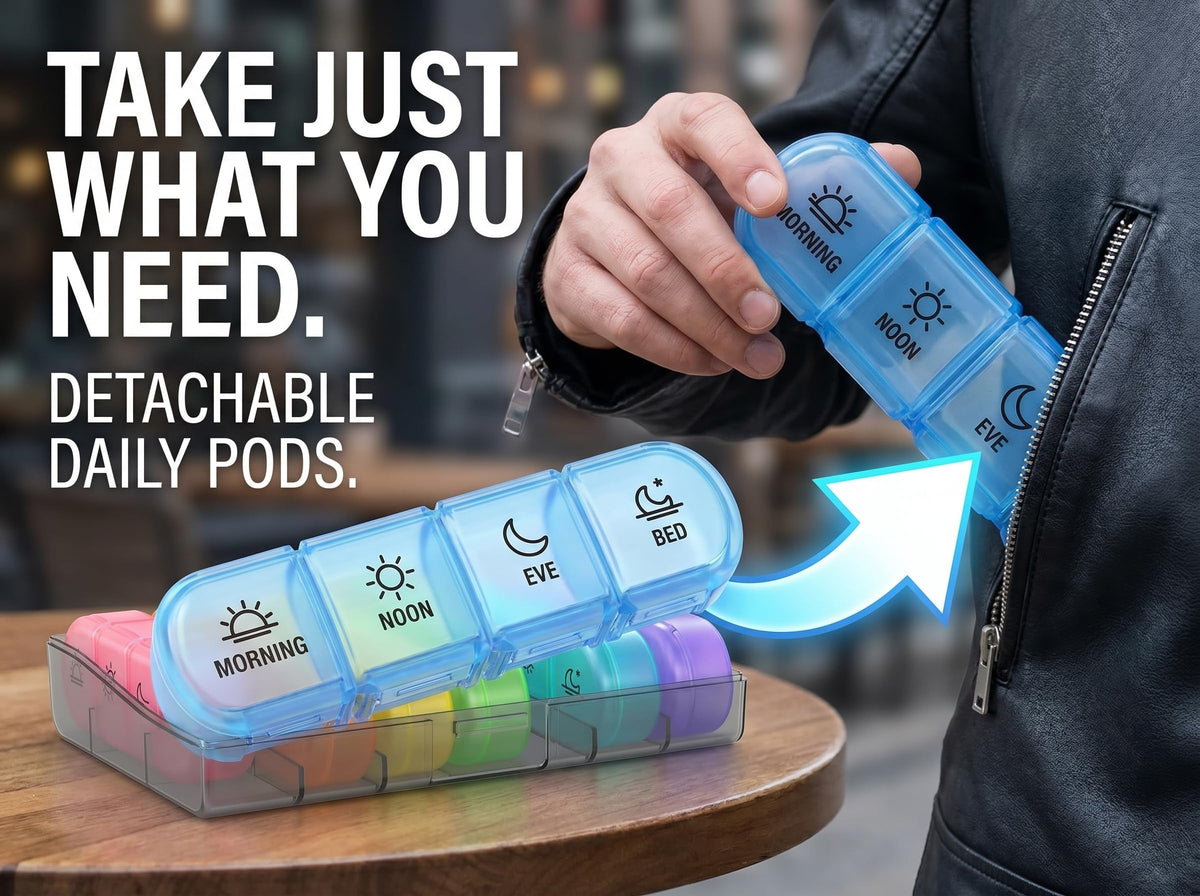 Weekly Pill Box 7 Day Organiser, Travel Medicine Storage Box and Daily Tablet Dispenser for Vitamins