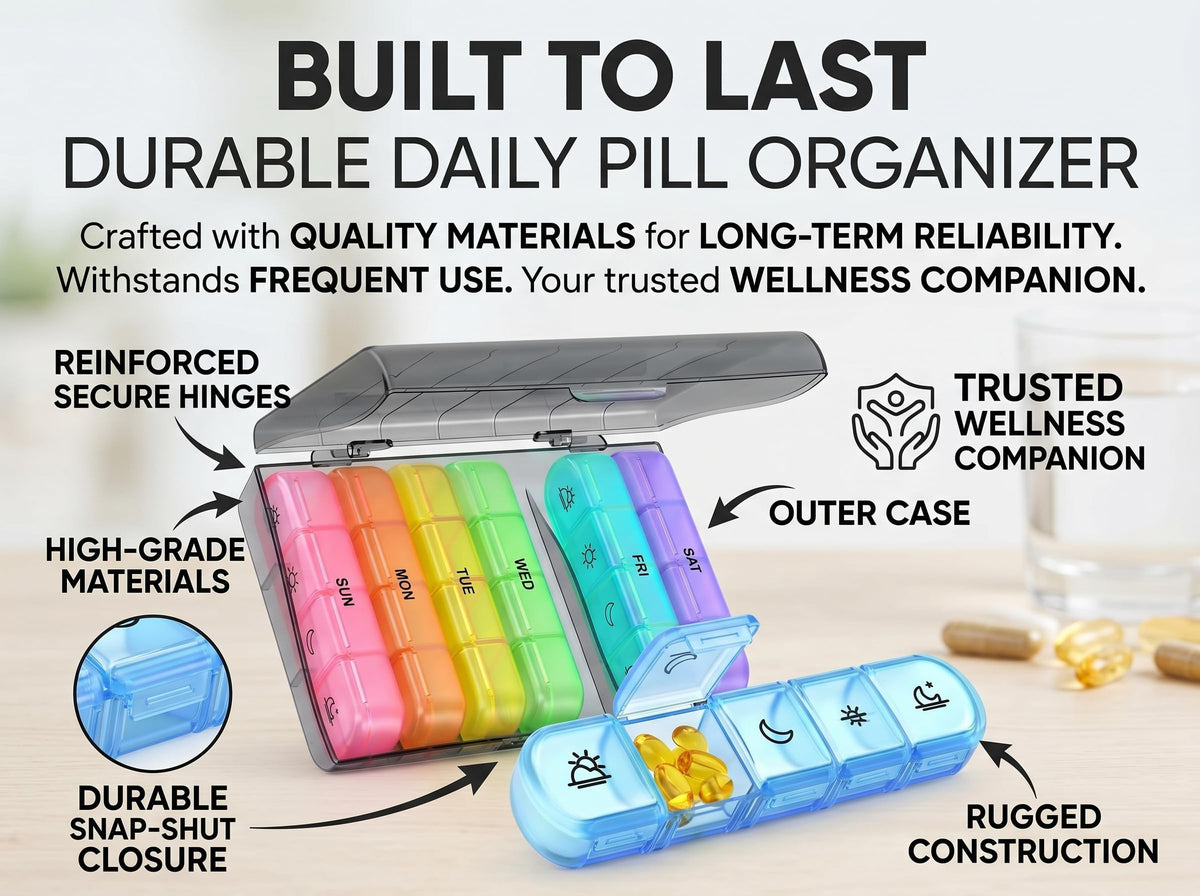 Weekly Pill Box 7 Day Organiser, Travel Medicine Storage Box and Daily Tablet Dispenser for Vitamins
